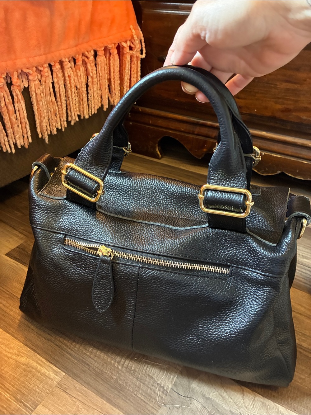 Structured Black Leather Satchel W/Leopard Accent Panel - Picture 3 of 16